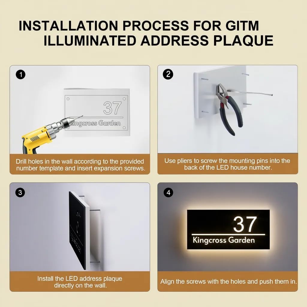 GITM Custom Solar Lighted House Numbers for Outside — Stainless Steel & Acrylic LED Backlit Address Sign, Waterproof Outdoor Illuminated Address Plaque