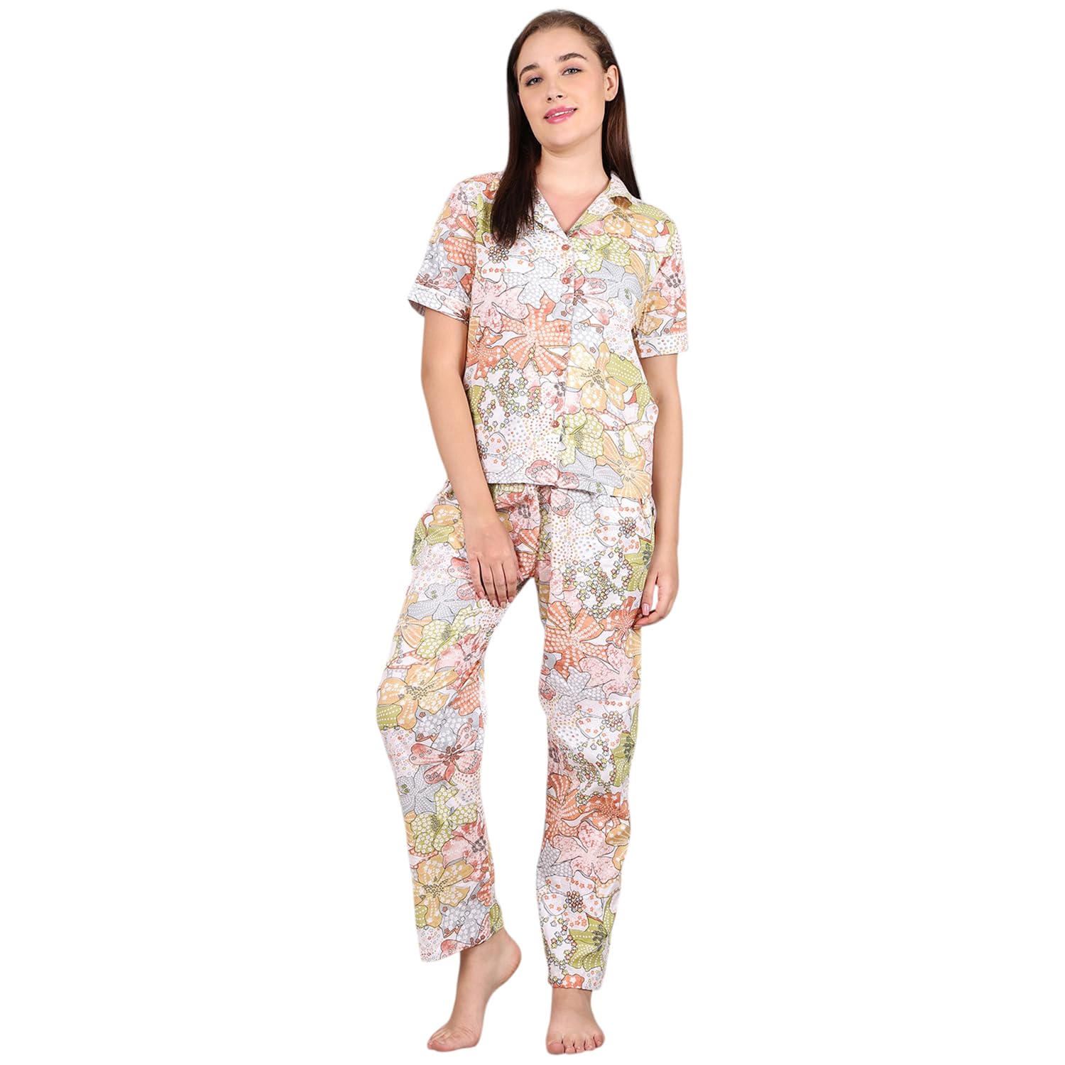 dress craft Women's 100% Organic Cotton Night Suit Set | Multicolor Leaf Floral Print Sleepwear with Shirt Collar | Soft & Breathable Short Sleeve Top & Pyjama Set-picture-47