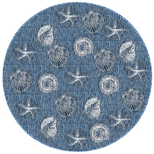 Liora Manne CRE91841433 Carmel Indoor Outdoor Sea Life Styled Rug | Comfortable & Durable | Power Loomed | Polypropylene Material | UV Stabilized | Shells Navy | 7 10 Round, 7 ft 10