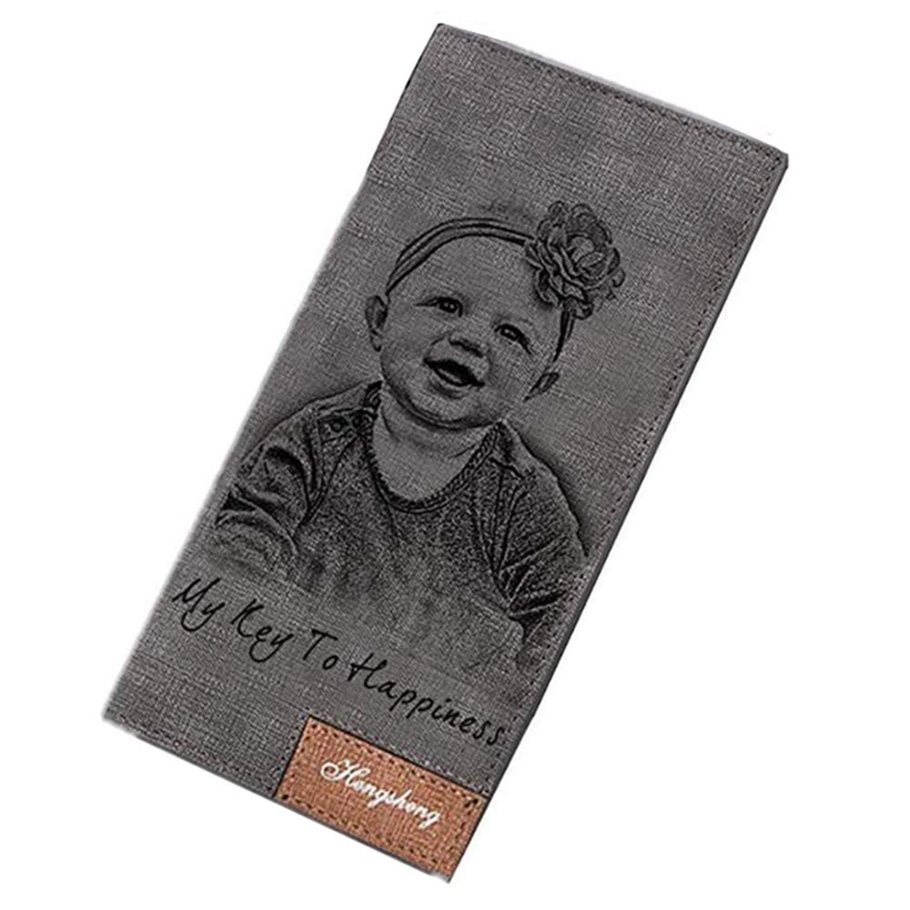 Jumping Birthstone Personalized Mens Long Leather Wallet Custom Engraved photo wallet for Men fathers day gift(Gray Single Side)