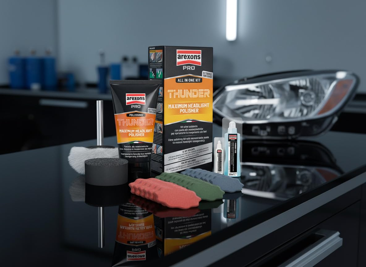 Arexons Car Care Pro THUNDER - Kit Ultra Lucidante Rinnova Fanali, Ripristina la Trasparenza dei Fari, Pasta alle Nano Ceramiche, Lubrificante, Liquido Lucidante e Carte Abrasive