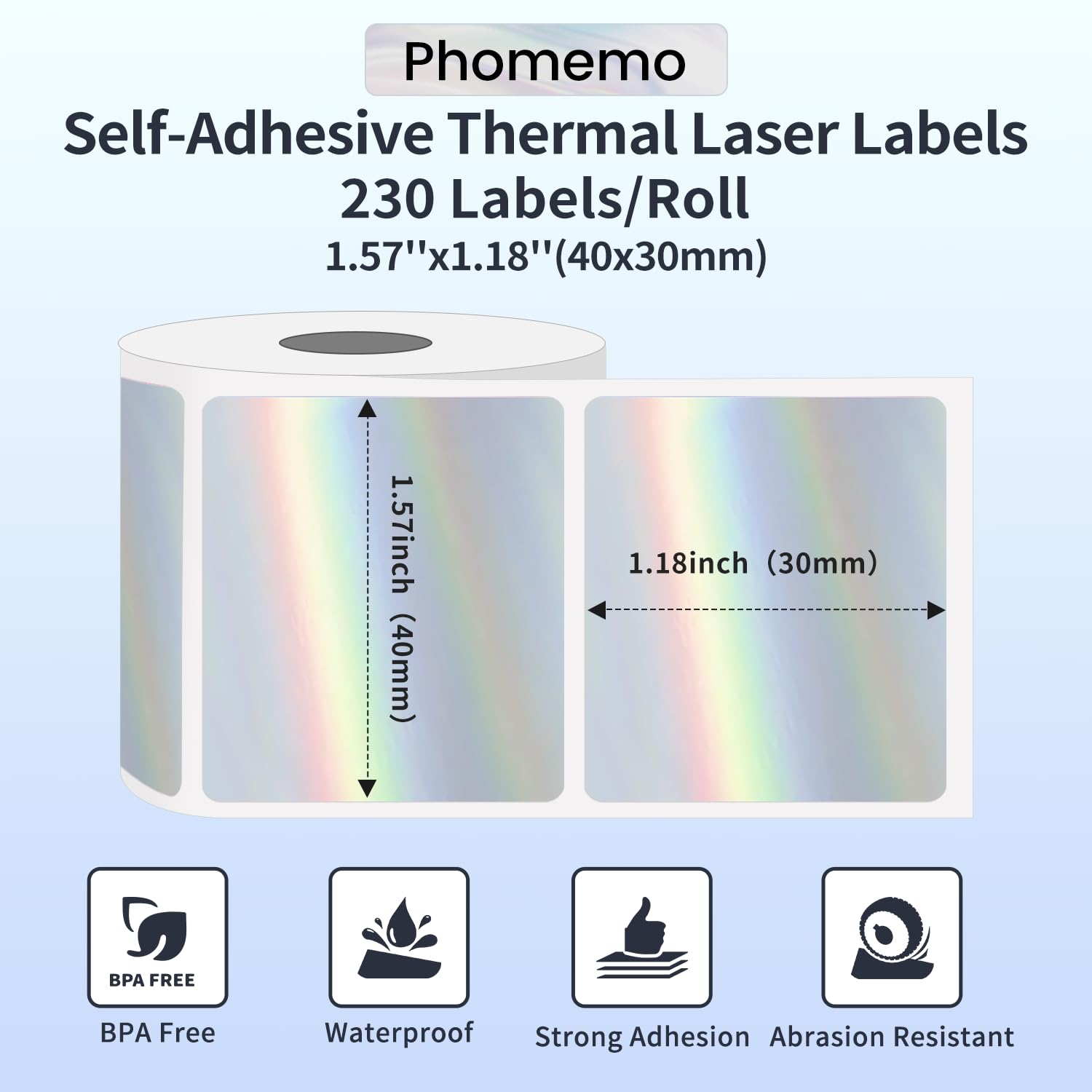 Phomemo M110/M220/M221/M200/M120/M100/M108/M150/M250/M260 Laser Silver Etykiety samoprzylepne 40 x 30 mm (1,57" x 1,18"), papier termiczny do drukarek etykiet Phomemo 230 na rolkę (srebrny laser)