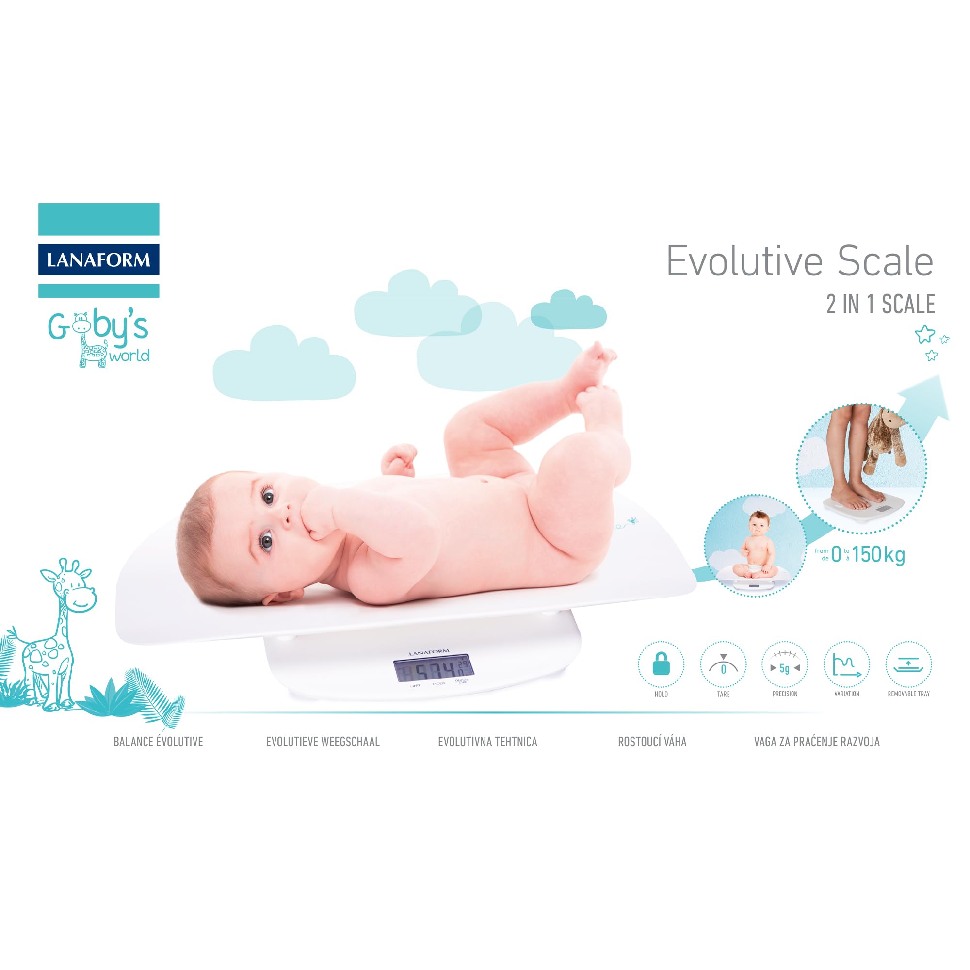 LANAFORM - Evolutive Scale - Pèse Bébé Évolutif - Balance Pour Bébé Et Adulte - Avec Plateau Amovible - Jusqu'à 150 Kg - Système De Stabilisation