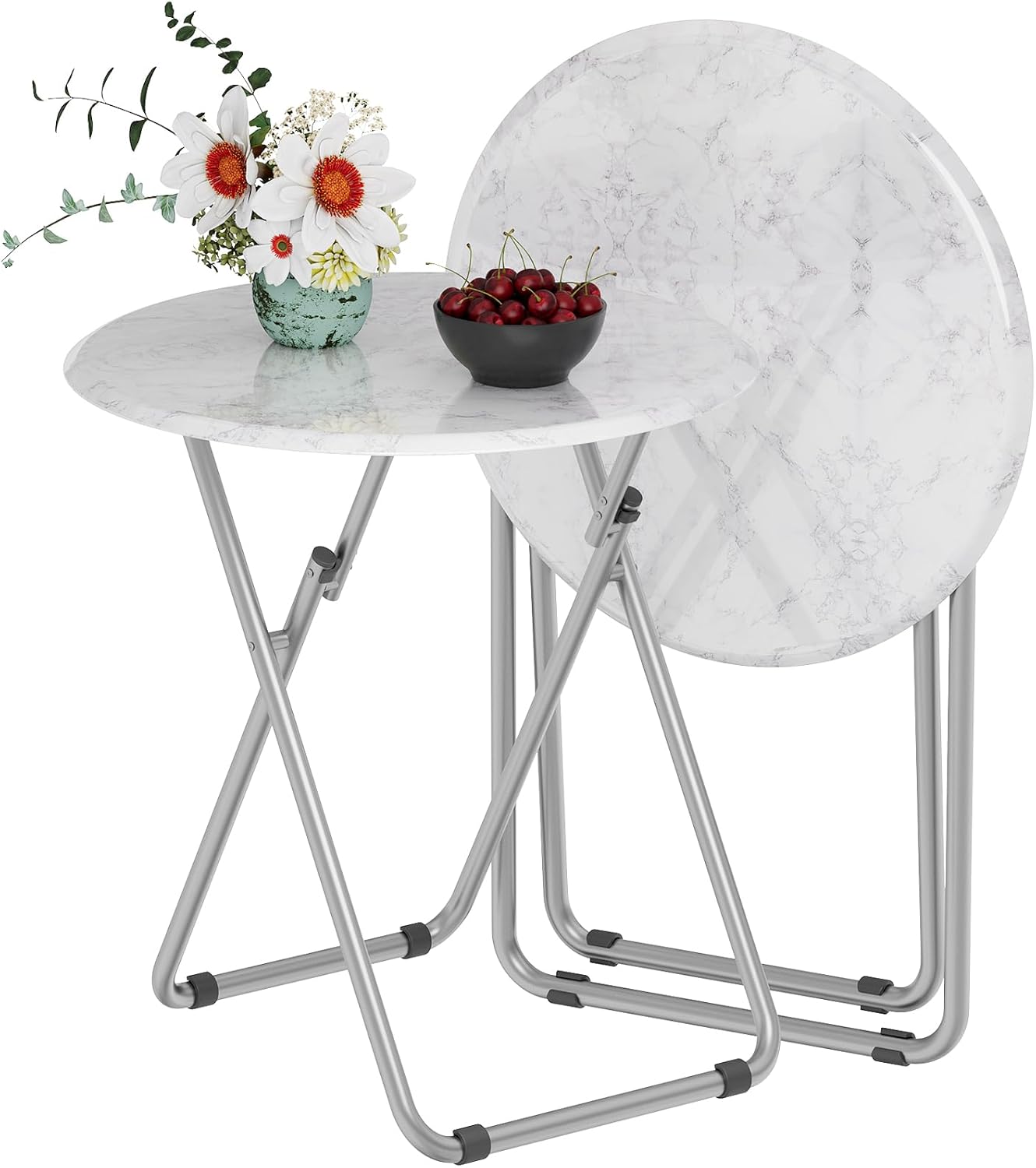 Fleecy Day White Marble Round TV Tray Tables, Set of 2 Folding Snack Trays for Couch Dining, Small Spaces - Stable, Space-Saving
