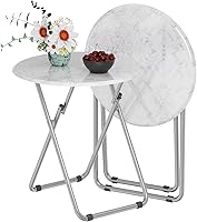 Fleecy Day White Marble Round TV Tray Tables, Set of 2 Folding Snack Trays for Couch Dining, Small Spaces - Stable, Space-Saving