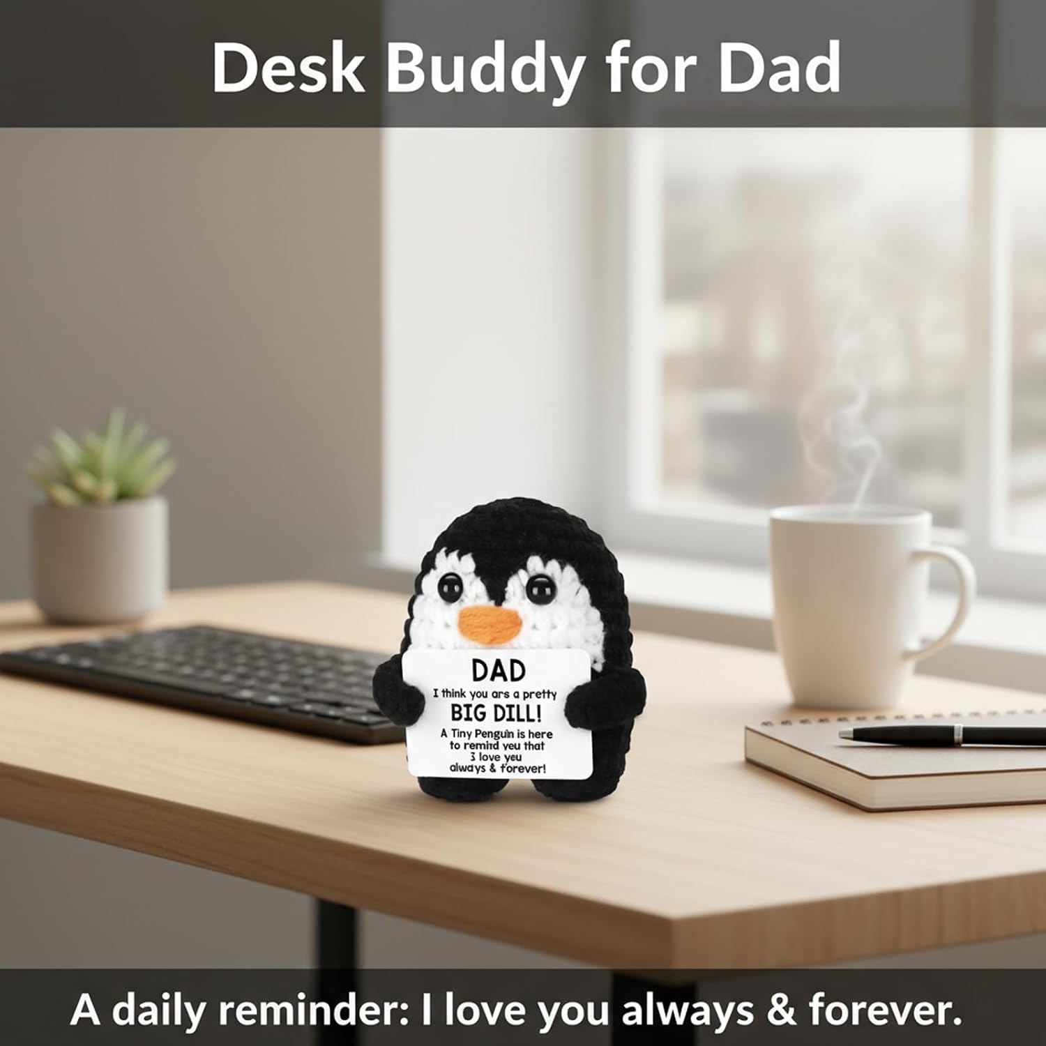Dad Gifts from Daughter or Son, Crochet Penguin with Big Dill Message Dad Birthday Gifts, I Love Best Daddy Ever Gift, Father's Day Present for Him, Thank You Daddy Emotional Care Desk Decor