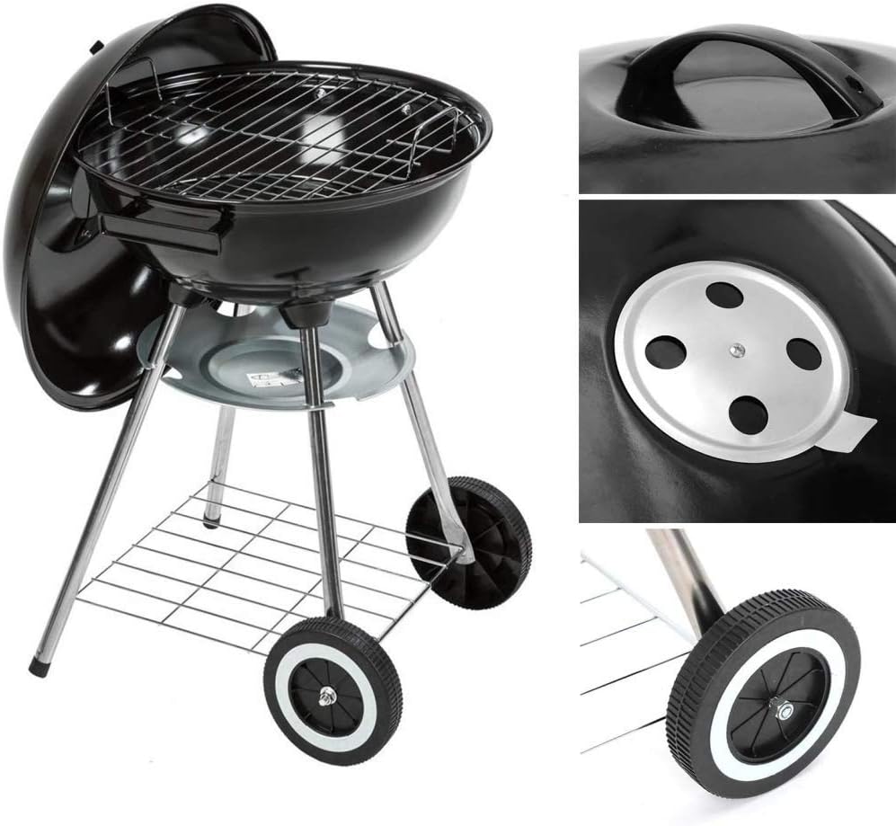 Portable Enamel Metal Grill with Lid 18 Inch BBQ Grill Round Freestanding BBQ Grill for Party Garden BBQ
