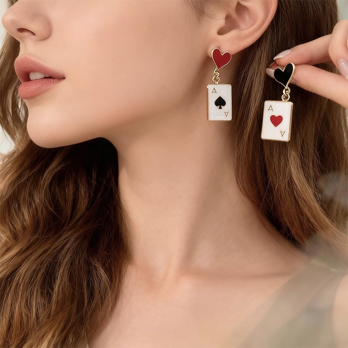 Playing Card Ace Drop Earrings - Red Heart & Black Spade Asymmetric Dangle Earrings for Women (Enamel Gold-Plated) - Image 2