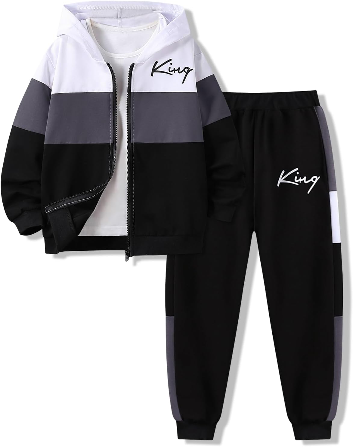 Klyatpxoen Boys Clothes 2 Piece Color Block Zip Hooded Sweatshirt & Pant Kids Fall Outfits Size 6-12 Years