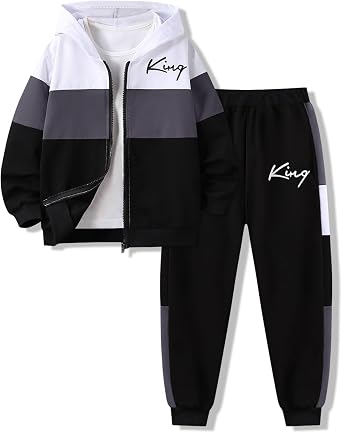 Boys Clothes 2 Piece Color Block Zip Hooded Sweatshirt & Pant Kids Fall Outfits Size 6-12 Years