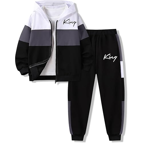 Boys Clothes 2 Piece Color Block Zip Hooded Sweatshirt & Pant Kids Fall Outfits Size 6-12 Years