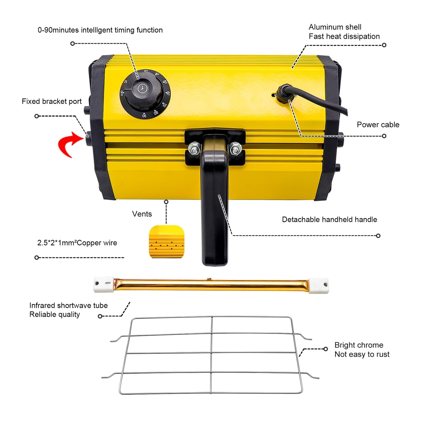 Lampa Utwardzająca, Ręczna Przenośna Lampa Na Podczerwień O Mocy 1000 W. Krótkofalowa Grzewcza Do Użytku Pomieszczeniach(Yellow(SC-001-Y))