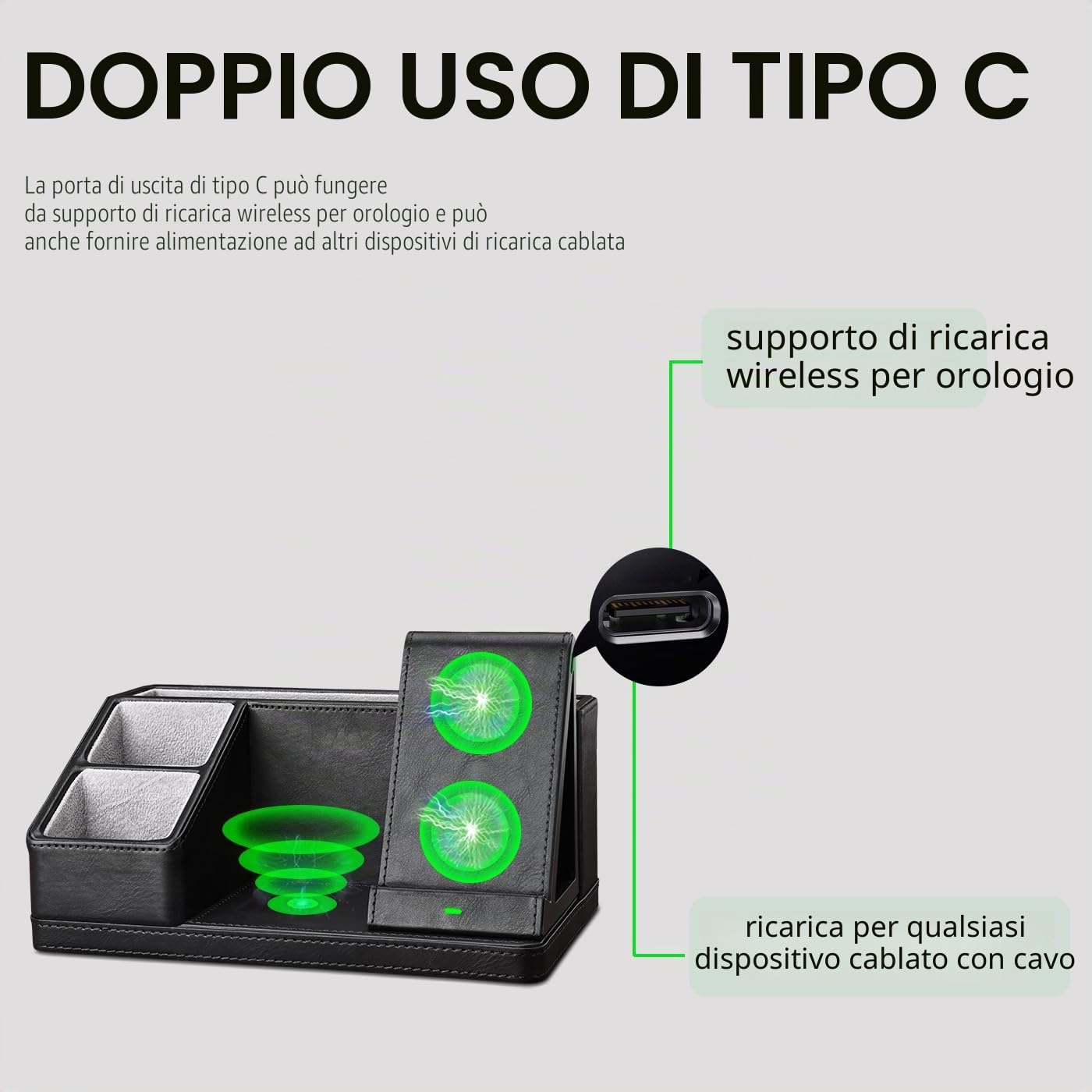 Stazione di ricarica induttiva 3 in 1 Wireless Charger per iPhone 15/14/13/12/11/Pro Max/Samsung Galaxy, stazione di ricarica per iWatch 9/8/7/6/5/4/SE, AirPods 3/2 con organizer da scrivania