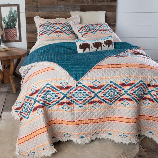 Rod's Sundance Southwest (Quilt Set) - Aztec Diamond Ruffle - Turquoise Blue Coral Red Tan - 3 Piece King Bedding Set - (1) King Quilt (105x95in) and (2) King Shams (20x36in)