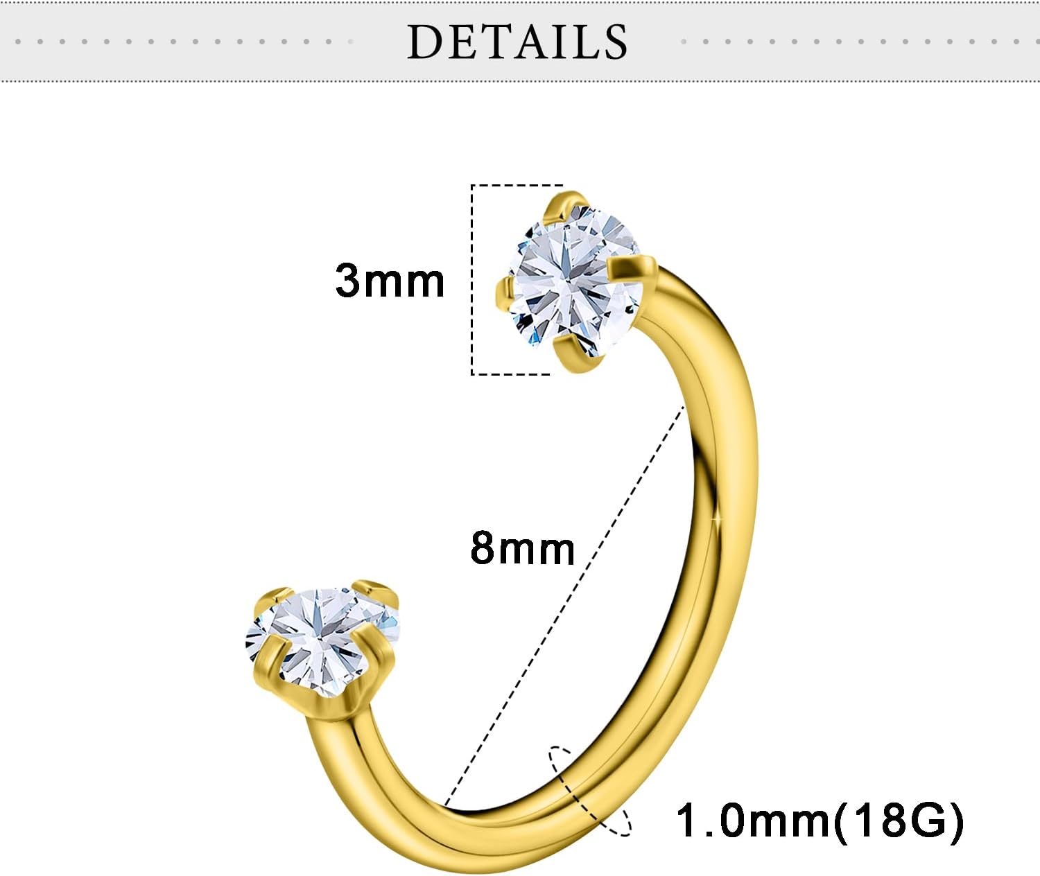 Horseshoe Nose Ring Surgical Steel Double Stud Nose Ring 18G Lip Rings Clear Cubic Zirconia Horse Shoe Daith Piercing Jewelry for Women Inner Diameter 8mm(5/16inch) - Image 2