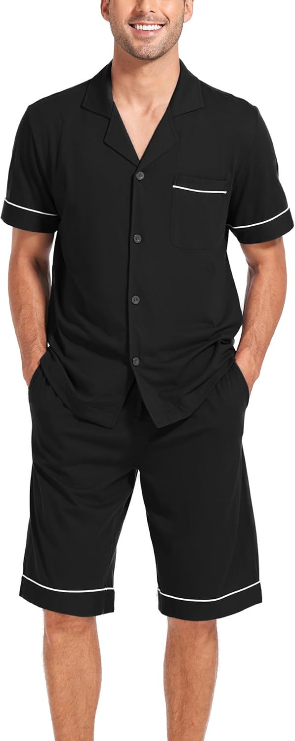 COLORFULLEAF Men's 100% Cotton Short Sleeve Pajama Sets Button Down Notched Collar Sleepwear Soft Lounge Pjs with Pockets