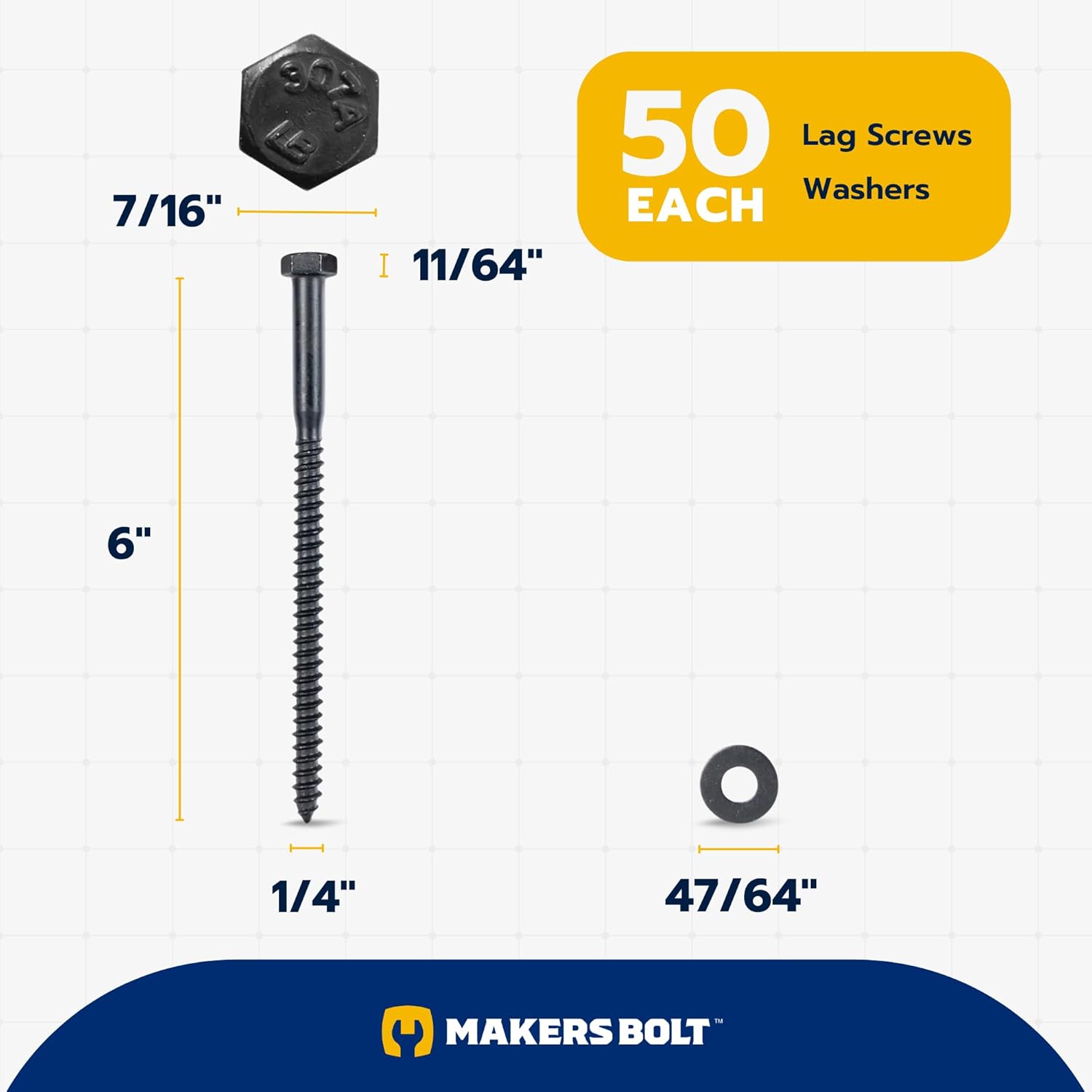 1/4 x 6 (50 Pack) Lag Screw Kit, 50 Screws and 50 Washers, Ceramic Black Ruspert Coating for Exterior Use, Meets ASTM A307 and ASME B18.2.1, Industrial/Commerical Grade by Makers Bolt