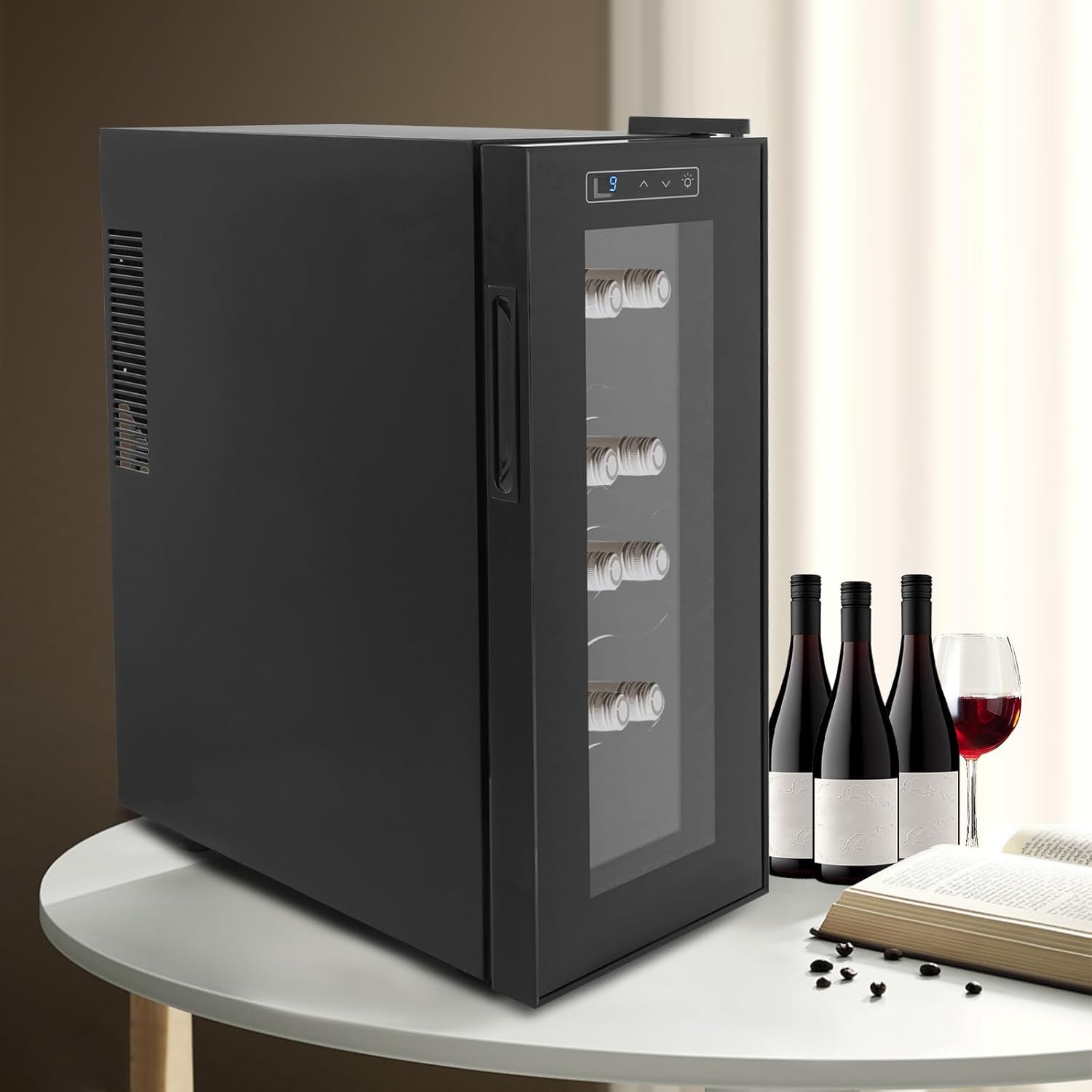 12 bottle Wine Cooler Refrigerator, Freestanding Compressor Wine Fridge with Adjustable Temperature and Digital Control, Mini Fridge with Glass Door for Red White Wine, Beer, Black