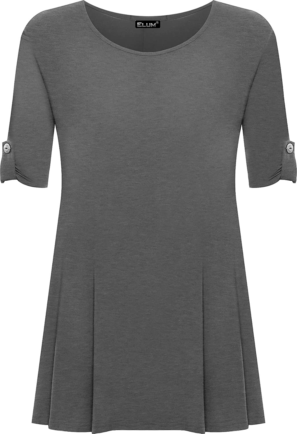 Elum Women's Charcoal Elum® Plus Size Scoop Neck Short Sleeve Flared Long Plain Top Sizes 14-28
