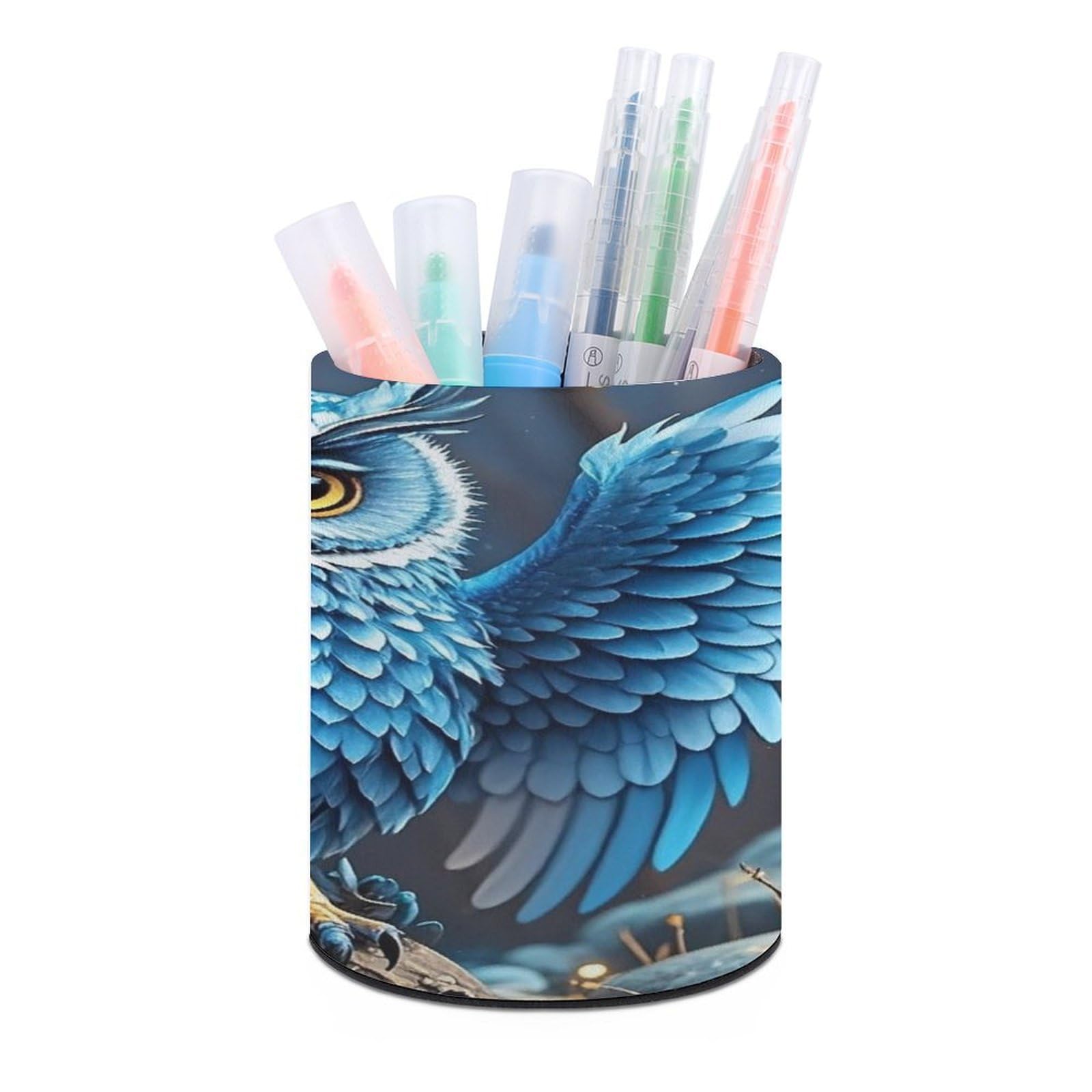 FekiLoot Round Blue Owl Pen Holder for Desk PU Leather Waterproof Pencil Cup Stand Minimalist Makeup Brush Storage Organizer Desktop Stationery Container Accessorires