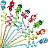 25Pcs Superhero Plastic Straws Party Favors Supplies with 2Pcs Cleaning Brush Reusable Drinking...