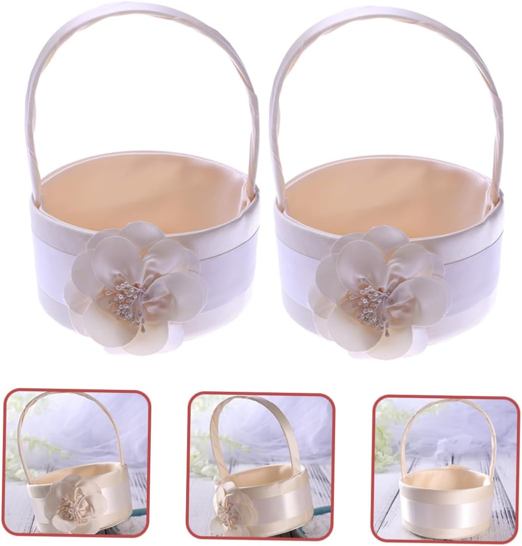 Housoutil Set of 2 Elegant Light Gold Satin Floral Handheld Baskets for Bridal Petal Toss Wedding Ceremony Party Supplies
