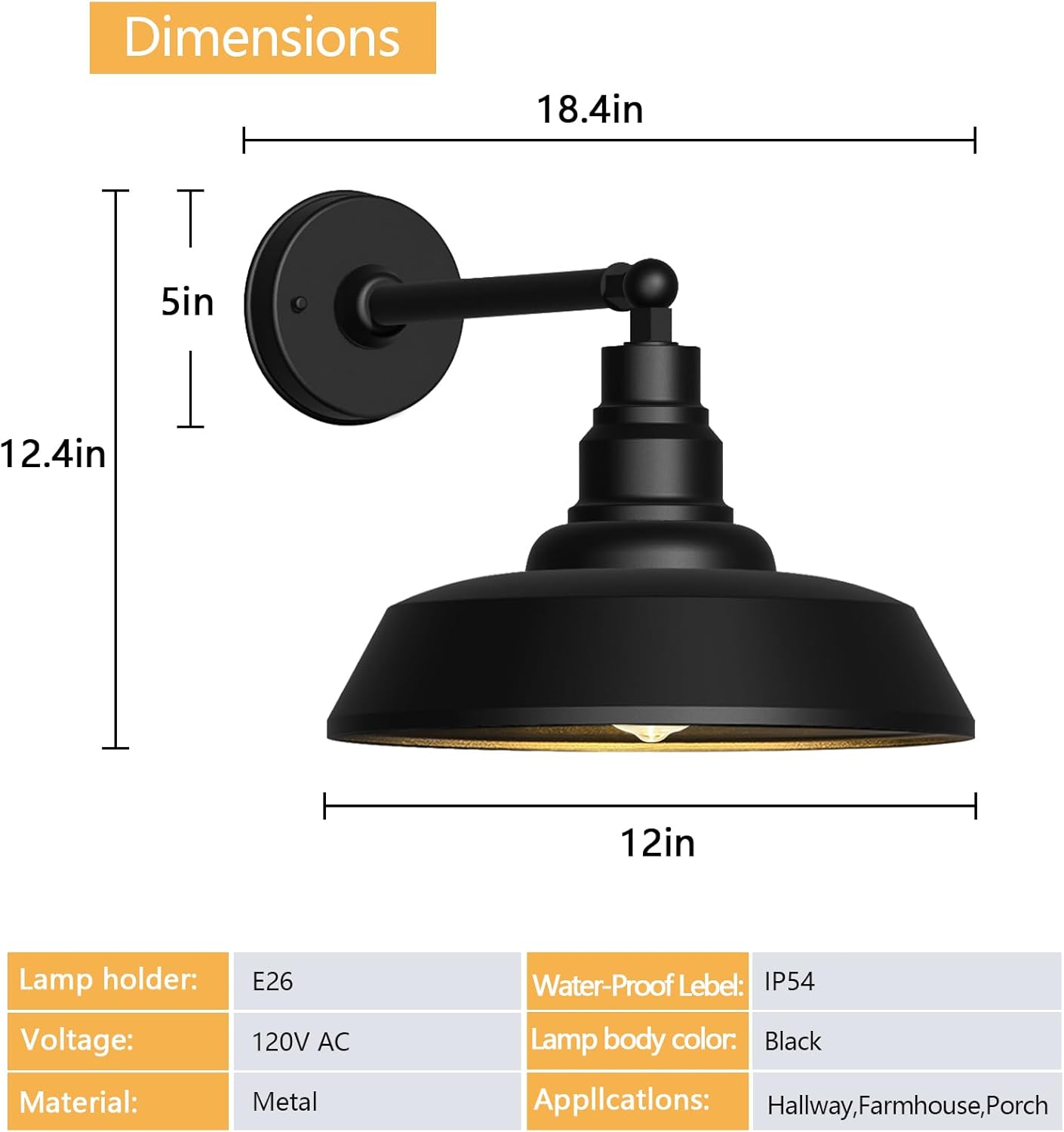 12" Outdoor Gooseneck Barn Lights, Black Farmhouse Wall Lights, Waterproof and Rust-Resistant Light Fixtures for Garage, Porch, Patio, or Backyard 2-Pack