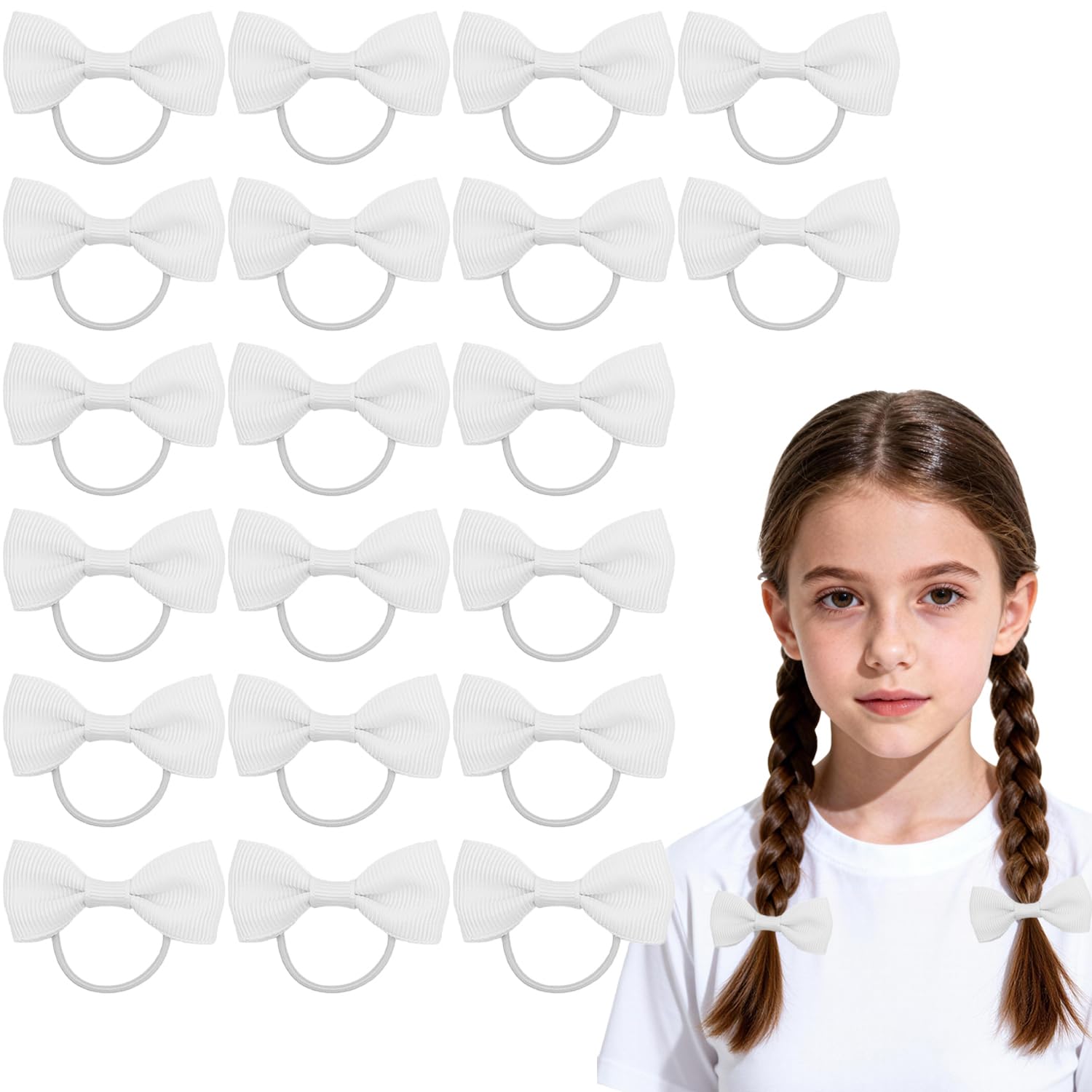 Set 20 Elastici per Capelli Bambini, Nastri Elastici con Fiocchi Bianchi, Accessori per Capelli Scuola e Quotidiani, Bambini & Donne