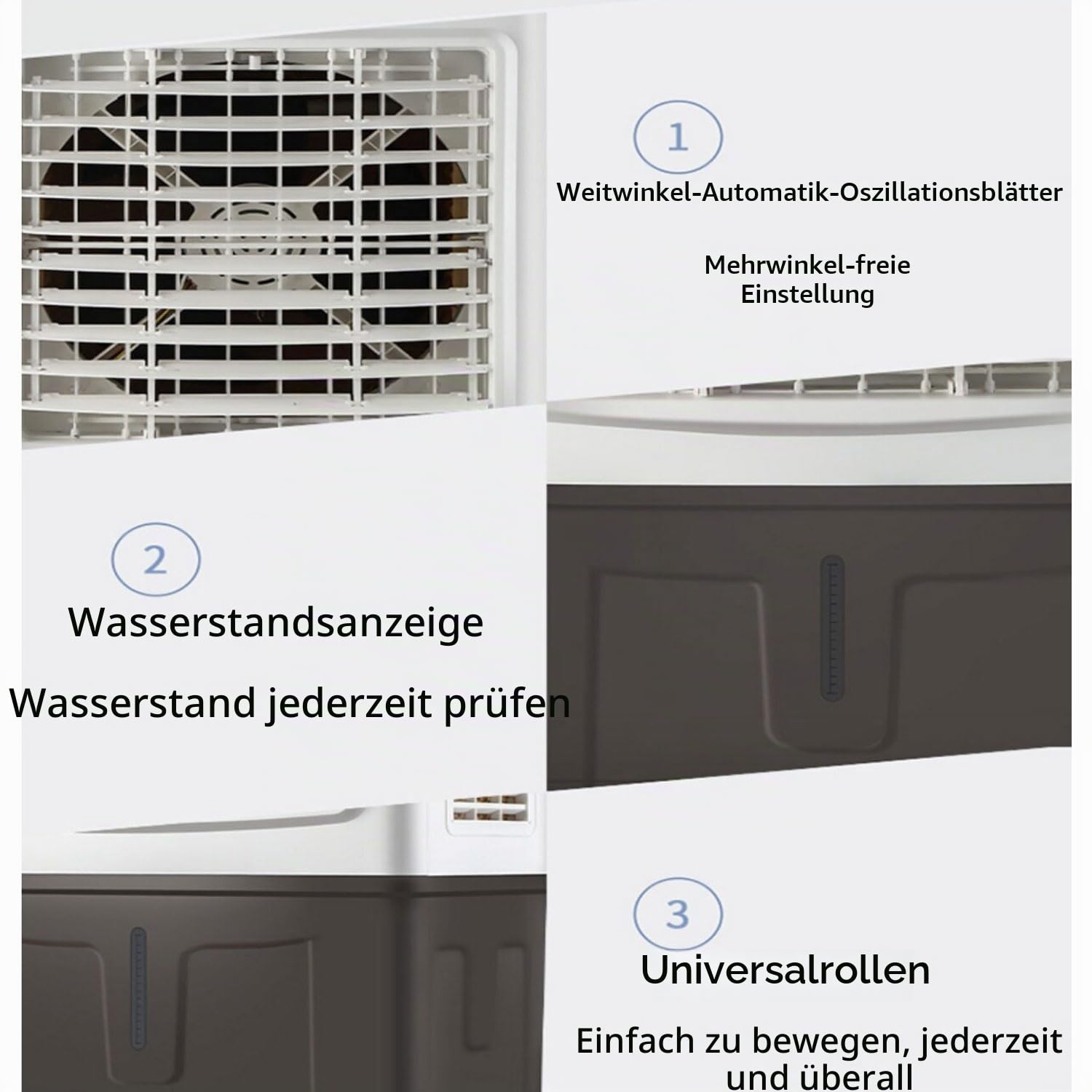 Tragbarer Verdunstungskühler mit digitalen Rädern und Fernbedienung Tankkapazität 30 l Ventilator Kaltluftventilator 120° schwenkbar für Zuhause Büro