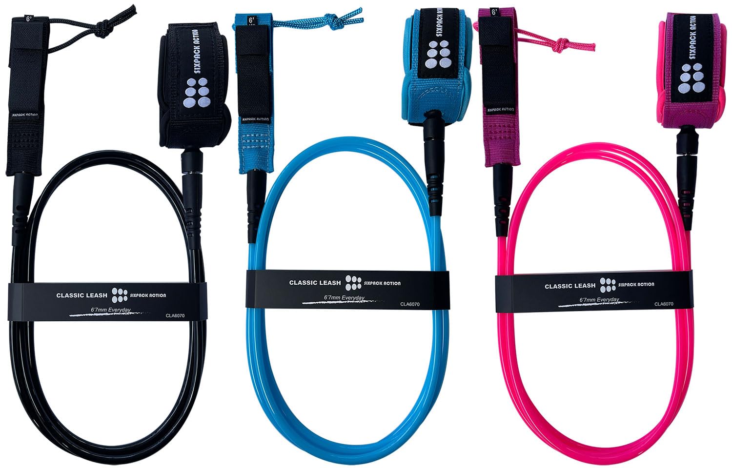 SIXPACK ACTION Classic 6ft 6mm Comp Surfboard Leash, Surfing Leash, Leg Rope with Superior Anti-Slip Cuff and Flexible Horn Connector (Black, 6ft 6mm)