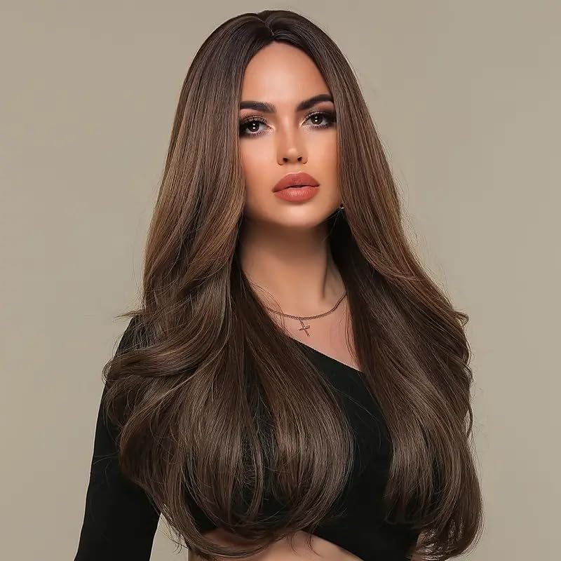 Image of Women's 26 Inch Straight Brown Synthetic Hair Wig | Full Head Natural Looking Heat Resistant Wig | Washable Cosplay, Party & Fashion | Includes Wig Cap & Comb
