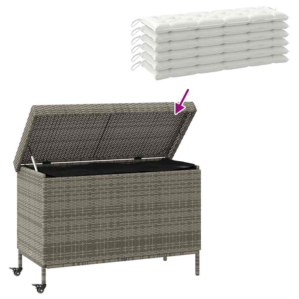 Gartentruhe aus Poly Rattan Grau 110x55x73 cm mit Rollen, wasserabweisender Tasche für Kissen, Auflagen und Outdoor-Zubehör auf Terrasse und Garten
