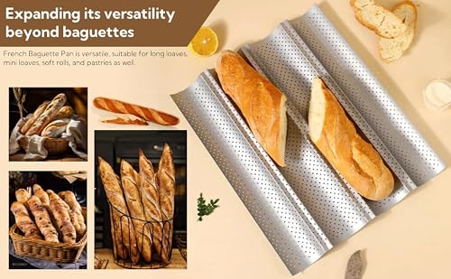 Ddxycfzy 3-Slot French Bread Baking Pan - Professional Non-Stick Coated Baguette Bread Tray - Thickened Carbon Steel Baking Mold with Ventilation Holes - Suitable for Oven Baking