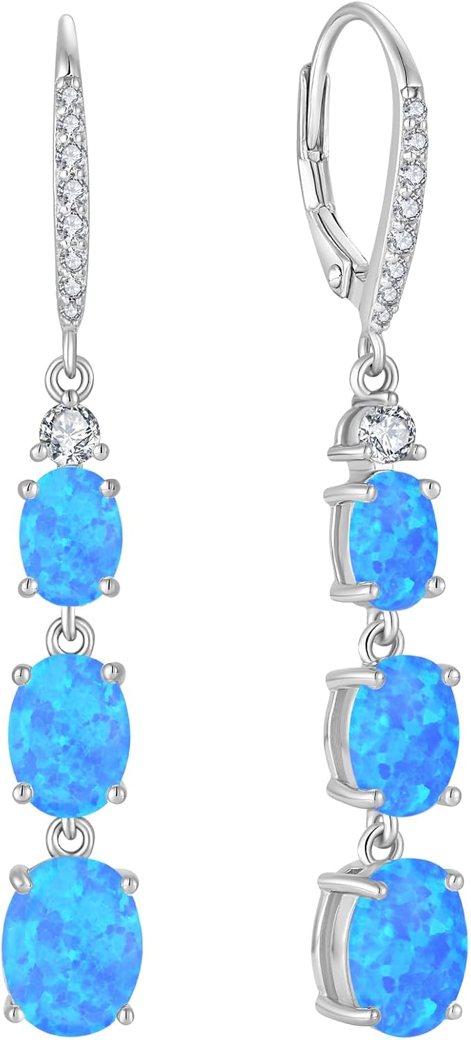Created Opal Earrings 925 Sterling Silver Leverback Drop Dangle Earrings 5A Cubic Zirconia Jewelry for Women