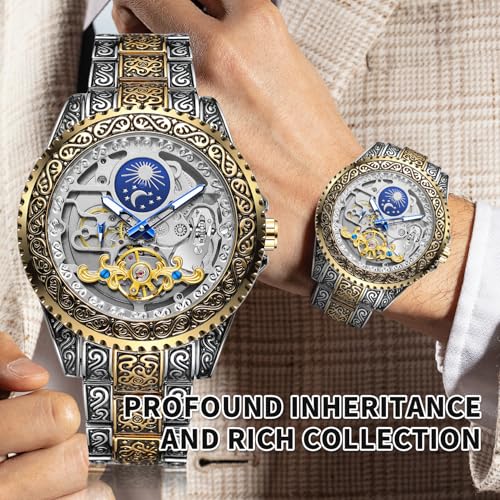 Image of Gute Men's Watch Retro Mechanical Skeleton Watch with Carved Automatic Tourbillon, Moon Phase, Independent Seconds, and Big Dial Design - Self-Wind Automatic Wrist Watches