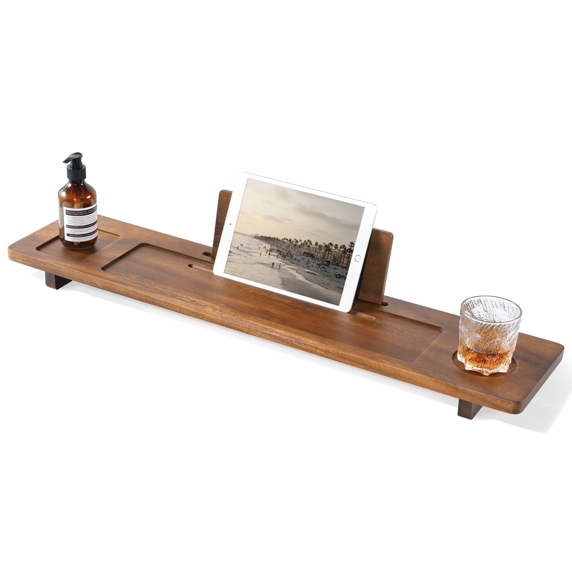 Walnut Bathtub Tray Caddy - 35" Wide Adjustable for Freestanding Tubs, Non-Slip Phone/Wine Holder