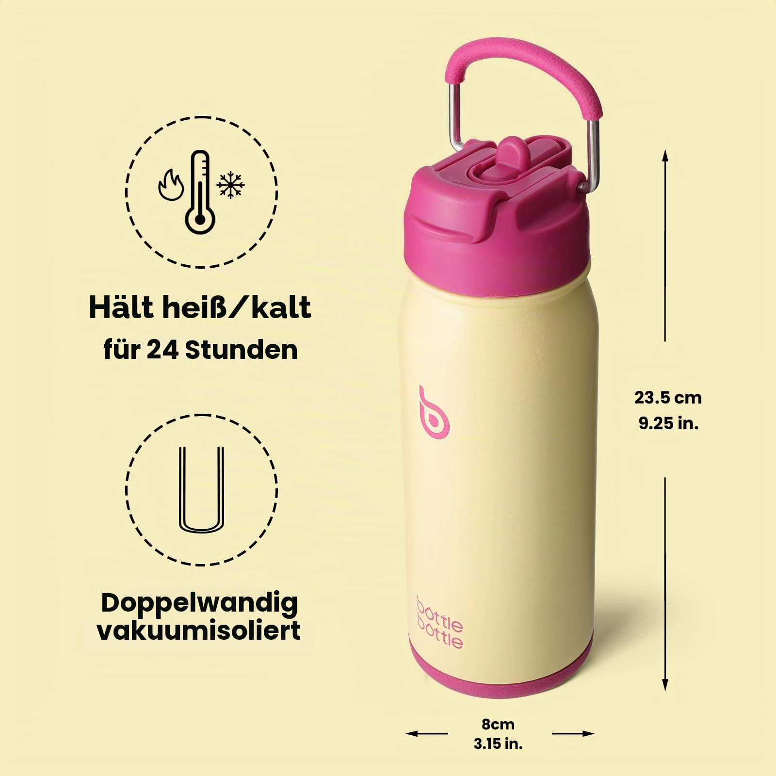 BOTTLE BOTTLE Trinkflasche Edelstahl 16oz(473ml) mit Strohhalm und Pillenfach -BPA frei- Wasserflasche mit Strohhalm für Uni, Schule, Sport, Kindergarten (Gelb)