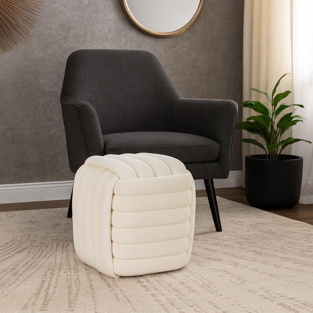 Home Decor Vanity Chair Ottoman – Bedroom Stool and Foot Rest Ottoman Display – Stylish Gray Upholstered Seat for Comfort Living Room Furniture and Modern or Traditional Home Décor - 19", Ivory