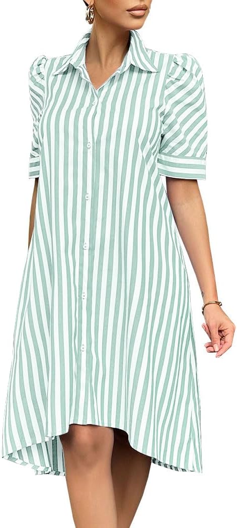 chouyatou Women's Summer Puff Short Sleeve Striped Shirt Dress Button Down Lapel Midi Long Shift Dress with Pockets
