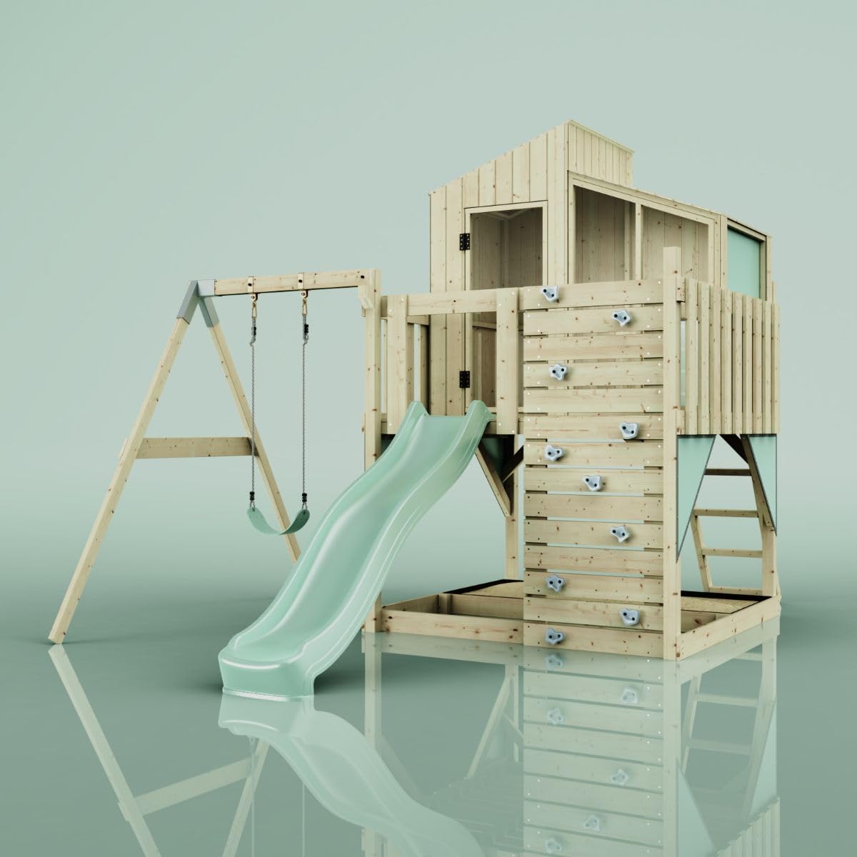 Rebo Spielturm mit Spielhaus inkl. Wellenrutsche, Outdoor Klettergerüst Garten, Kletterwand und Kletterleiter,Mintgrün
