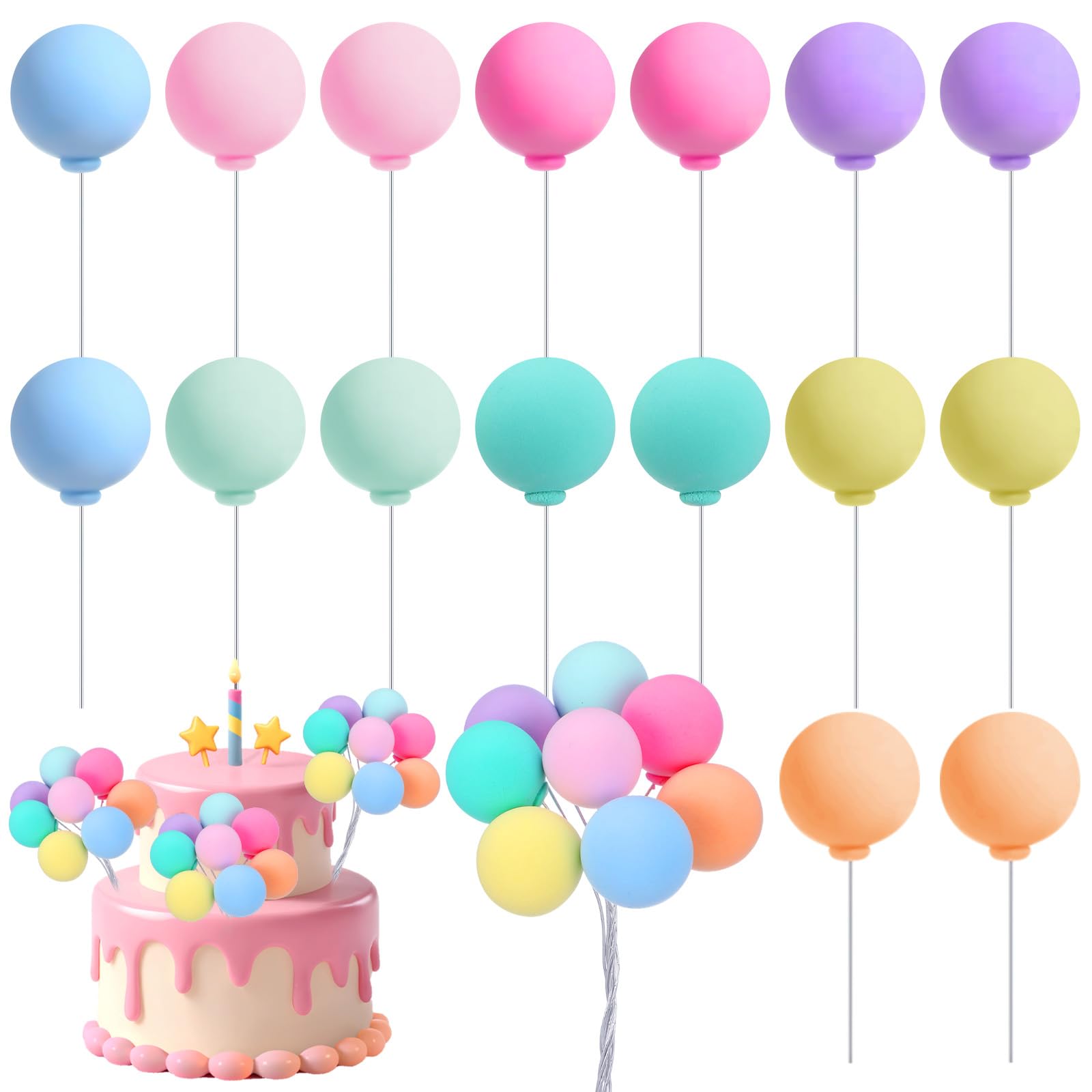 Photo 1 of 16Pcs Mini Round Foam Balls on Sticks, Colorful Balloon Cake Toppers, Suitable for Birthday Parties, Baby Showers, Weddings and Anniversaries, Vibrant Cake Decorations