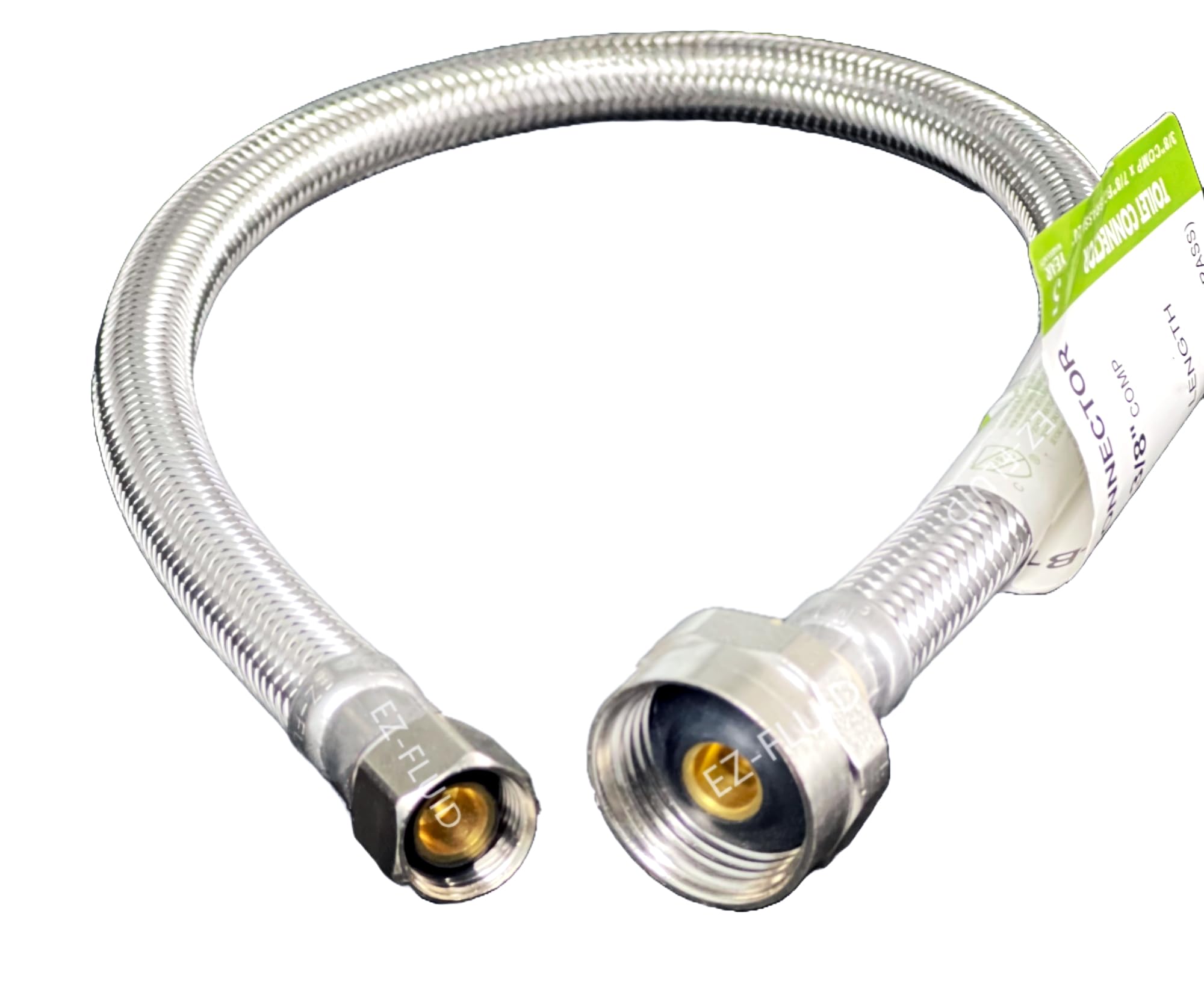 (1) EZ-Fluid 12-Inch Metal Nut Toilet Water Supply Connector,3/8" Compression x 7/8" Female Brass Ballcock BC,Toilet Water Supply Connector Line Braided Stainless Steel Toilet Supply Line