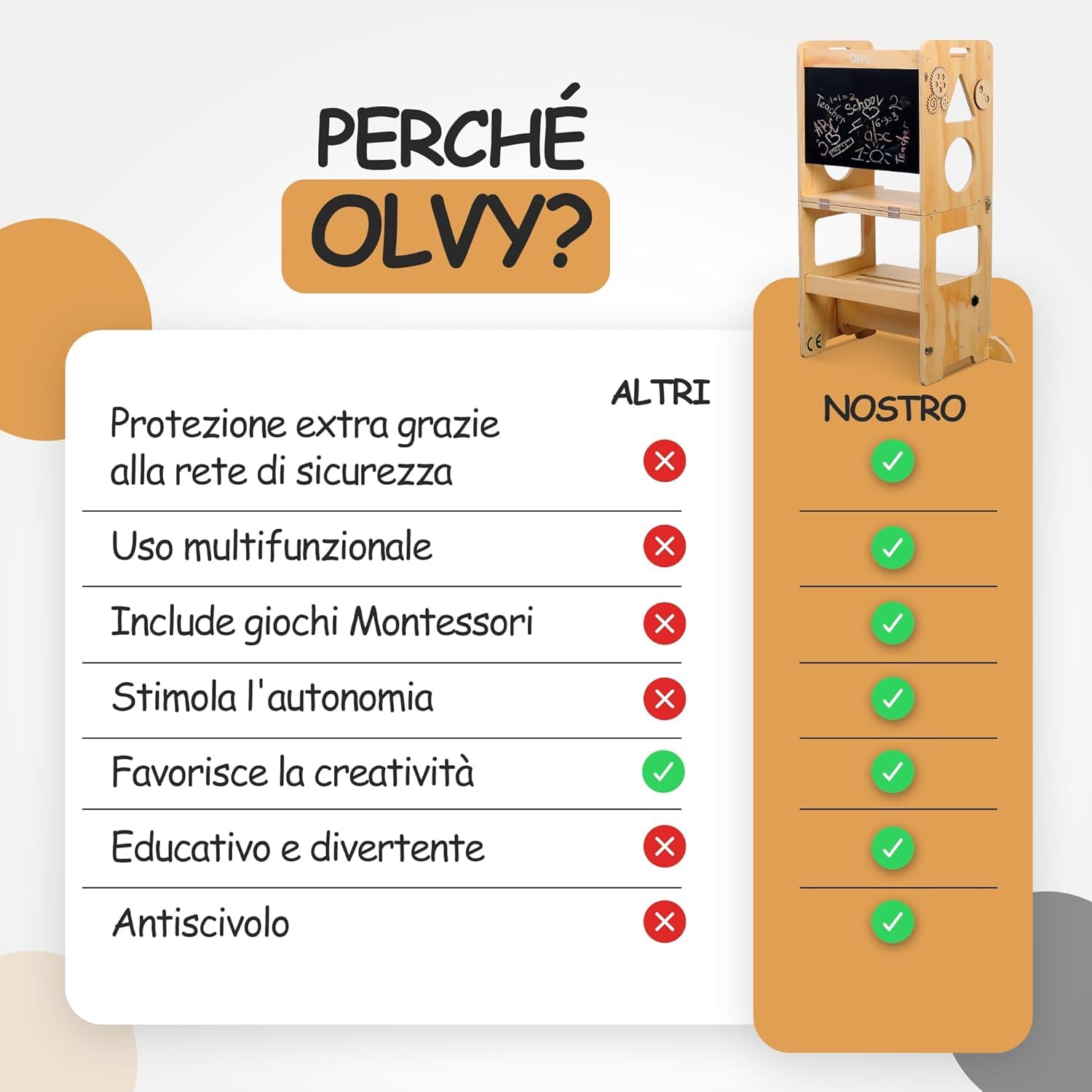 Olvy Kids 3 in 1 Montessori - Torre di apprendimento pieghevole - Scaletta in legno - 3 gradini - Torre da cucina per bambini - Torre di apprendimento in piedi a partire da 1 anno - Scala per bambini