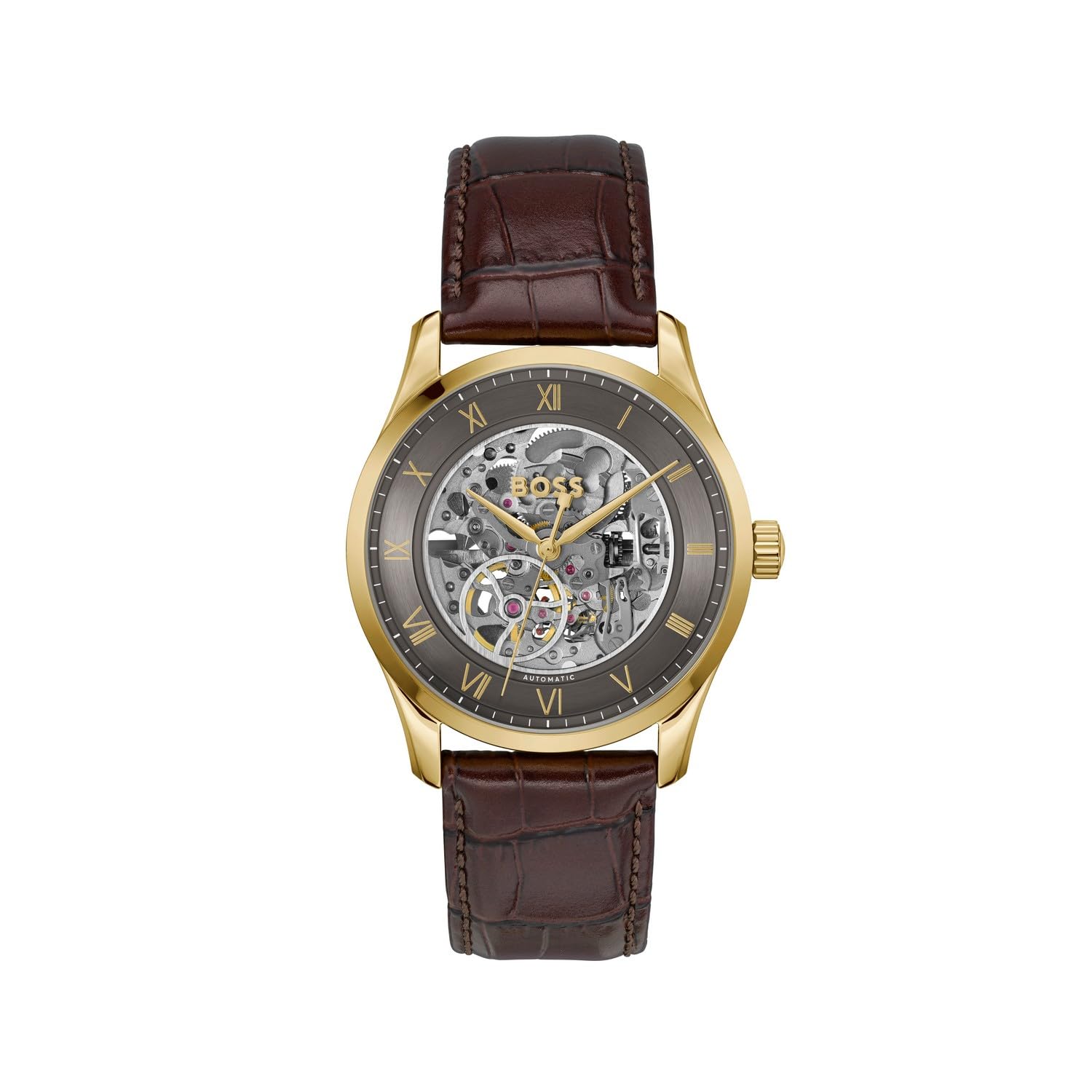 BOSS Principle Skeleton Mech-Automatic Dark Grey Round Dial Men's Watch|Brown Calfskin Material|Brown Color Band - 1514235-picture-56