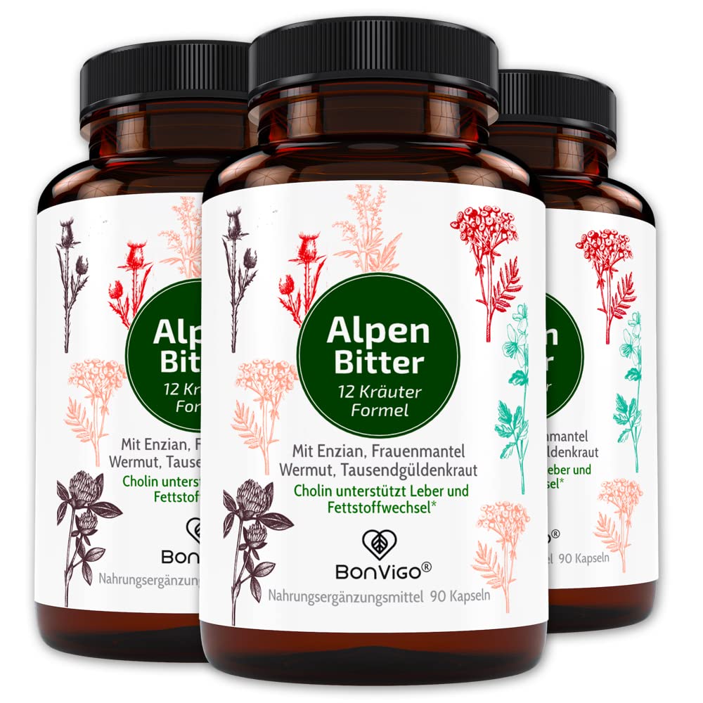 AlpenBitter 3 Monate - 13 Kräuter Bitterstoffe Formel mit Mariendistel, Enzian, Wermut & Löwenzahn – Cholin unterstützt Leberfunktion & Fettstoffwechsel – Nach altem Klosterrezept (3)