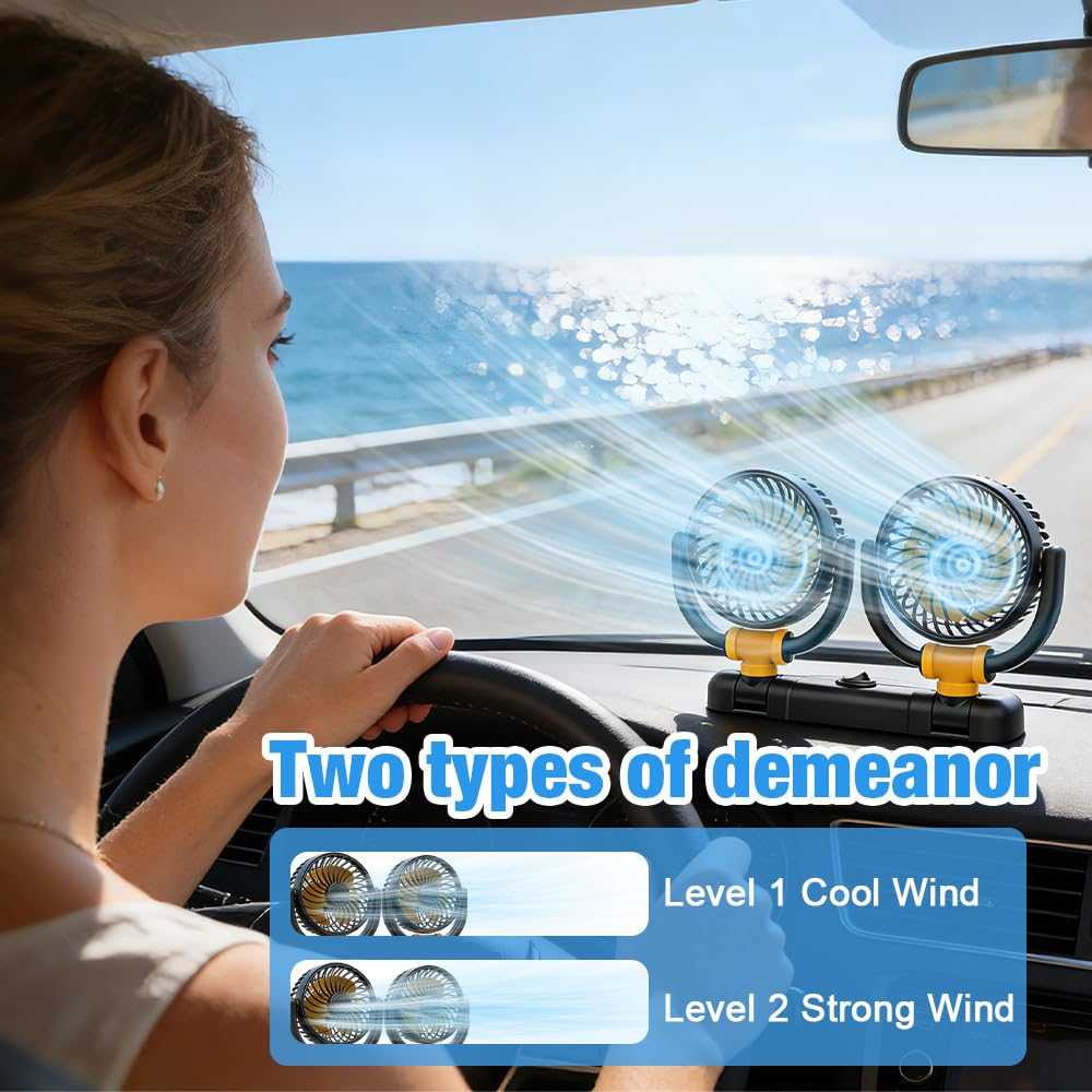 Auto Ventilator, Doppelköpfiger Ventilator Auto, 12V Auto Kühlventilator mit 2 Speed, Kühlungs Luftventilatoren, Kfz Lüfter Auto Ventilator für Auto Van SUV RV Boot, 360 Grad Drehbarer