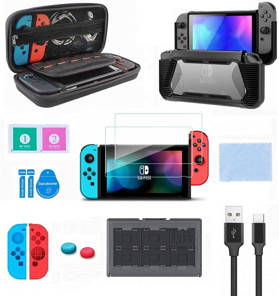 Switch Accessories Kit, VOKOO Nintendo Switch Case, Protective Case Cover, Tempered Screen Protector, Gaming Card Case and USB-C Charging Cable Compatible with Nintendo Switch, 10-in-1