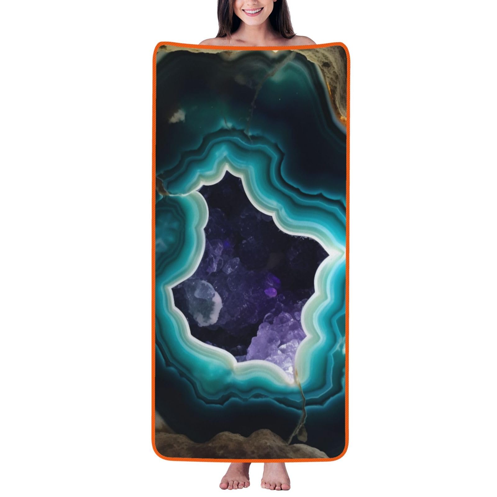 WPKJU Teal Agate Printed Bath Towel with Orange Edging - 27x55 in Soft Extra Absorbent Coral Velvet Shower Towels for Bathroom