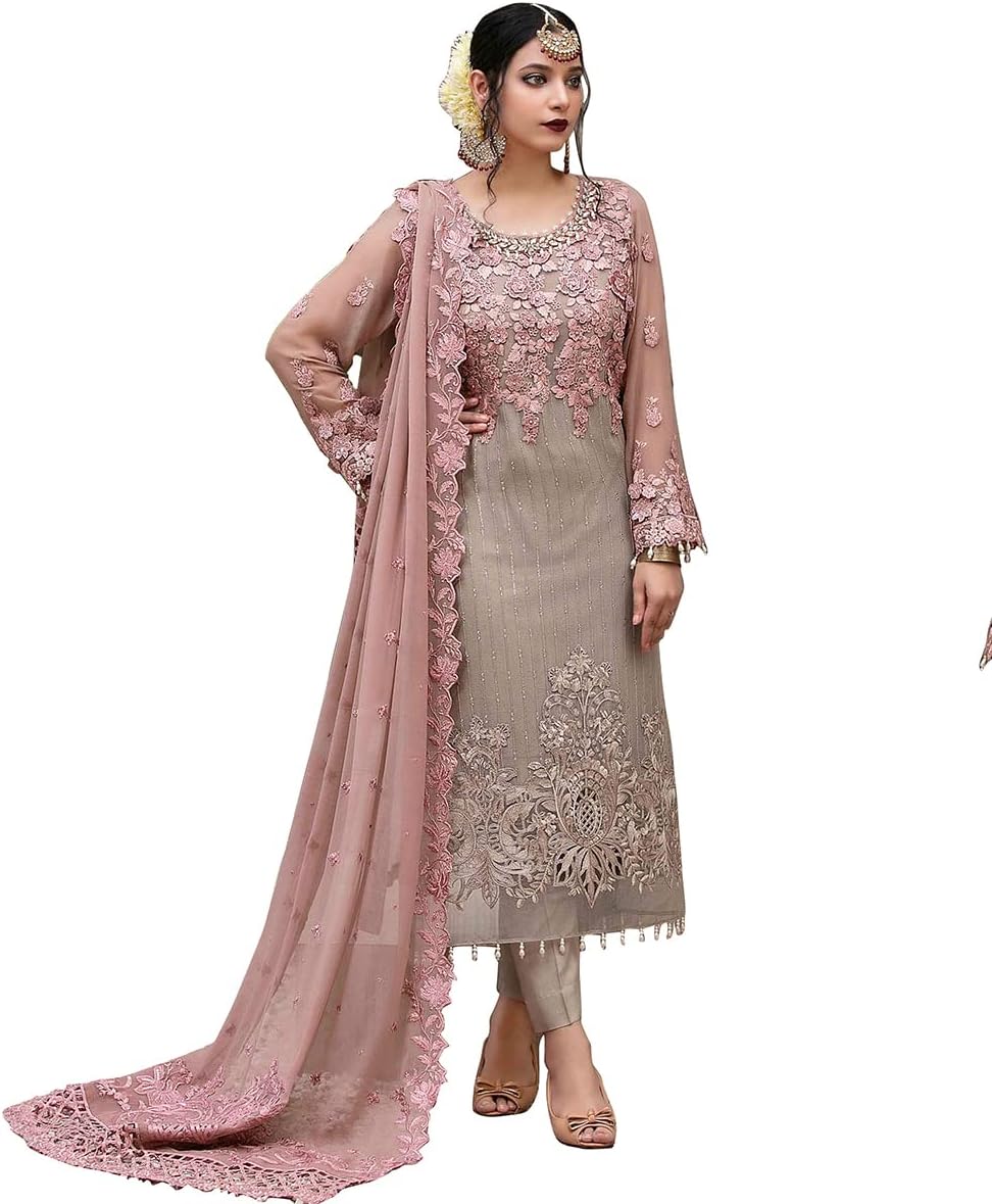 DERWAFABWOMEN'S Georgette Semi Stitched Salwar Suit (SF201-46no Pink1 Free Size)