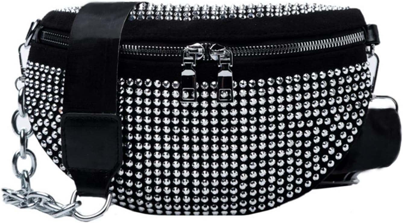 Sparkly Rhinestone Fanny Pack,Leather Waist Packs,Adjustable Belt Bag for Women Club Party Beach Travel (Silver)